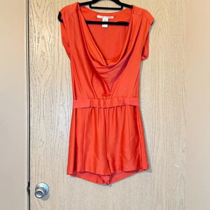 Diane von Furstenburg Orange Silk Cowl Neck Sleeveless Short Pants Romper
